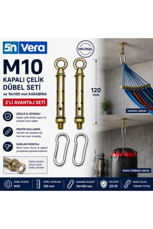 M10 Kapalı Çelik Dübel Seti ve 10X100 mm Karabina | 4’lü Ağır Yük Tavan Askı Montaj Aparatı | Hamak Salıncak Boks Torbası Askısı