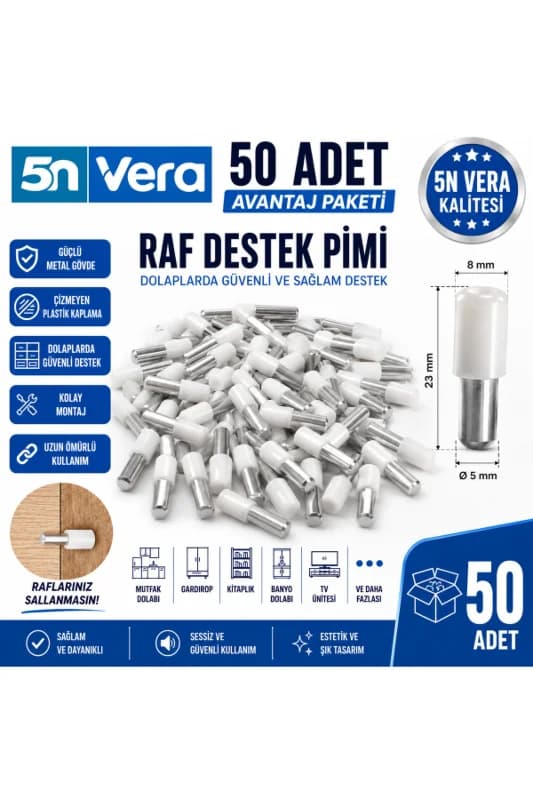 50 Adet Raf Pimi Seti | Metal Gövdeli Beyaz Plastik Kaplamalı Dolap Raf Destek Pimi | Mobilya Raf Tutucu Aparatı