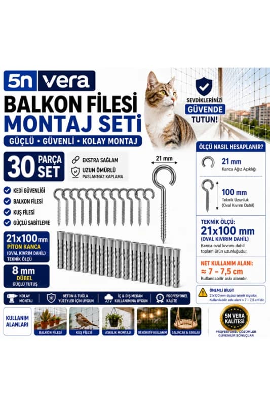 Balkon Filesi Montaj Seti 30 Parça 21X100 Piton Kanca 8 mm Dübel Kedi Güvenlik