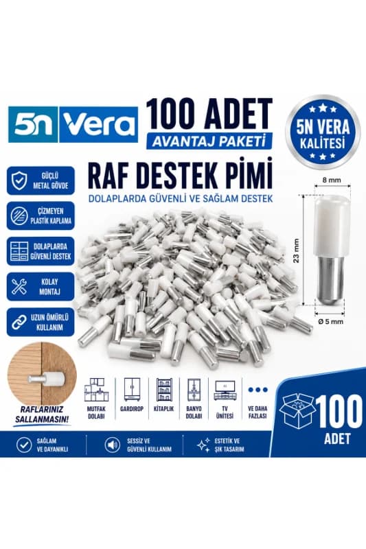 100 Adet Raf Destek Pimi Seti | Metal Gövdeli Plastik Kaplamalı Dolap Raf Tutucu | Gardırop Kitaplık Mutfak Dolabı Raf Taşıyıcı Aparatı