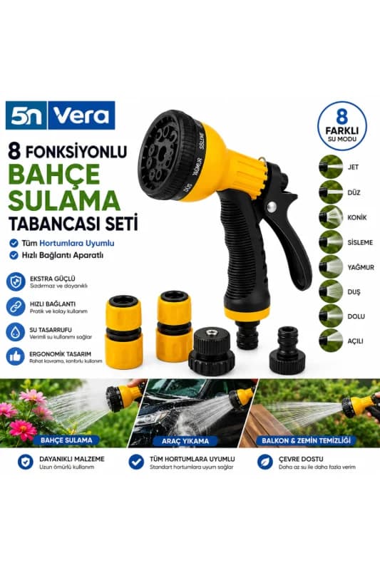 8 Fonksiyonlu Bahçe Sulama Tabancası Seti | Araç Yıkama, Bahçe Sulama ve Balkon Temizliği İçin Hızlı Bağlantılı Hortum Ucu