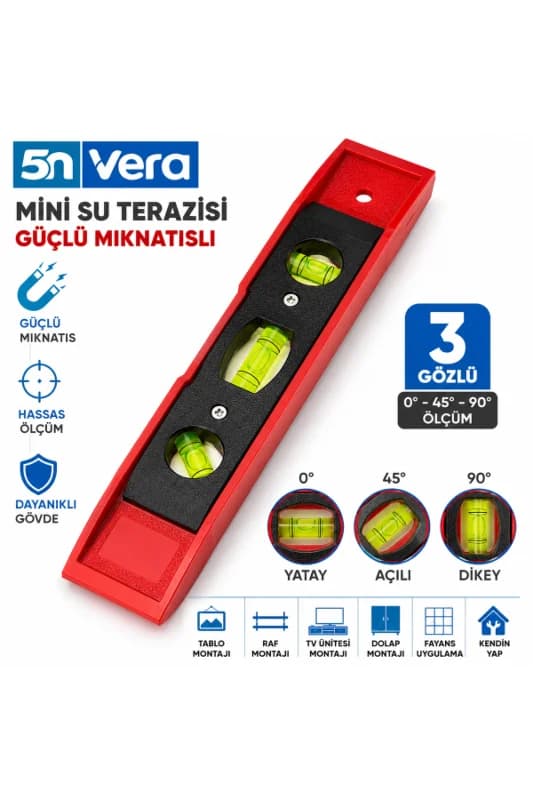 Güçlü Mıknatıslı Mini Su Terazisi | Raf, Tablo ve TV Ünitesi Montajı İçin 3 Gözlü Hassas Terazi