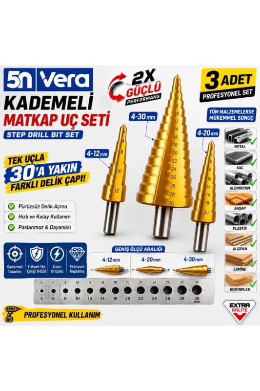 3'lü Kademeli Matkap Ucu Seti | 4-12 mm, 4-20 mm, 4-30 mm | Titanyum Kaplama Step Drill Bit Set