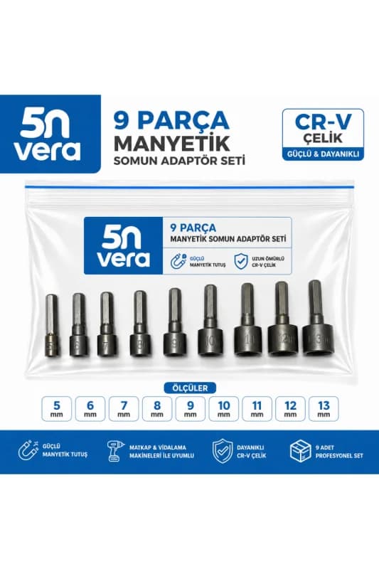 9 Parça Manyetik Somun Adaptör Seti | 5-13 mm CR-V Çelik Lokma Uç Takımı | Matkap ve Vidalama Uyumlu