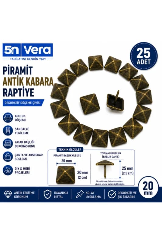 5N VERA 25 Adet 20 mm Piramit Antik Kabara Raptiye | Dekoratif Döşeme Çivisi | Koltuk, Sandalye, Yatak Başlığı, Çanta ve Mobilya Süsleme Aksesuarı
