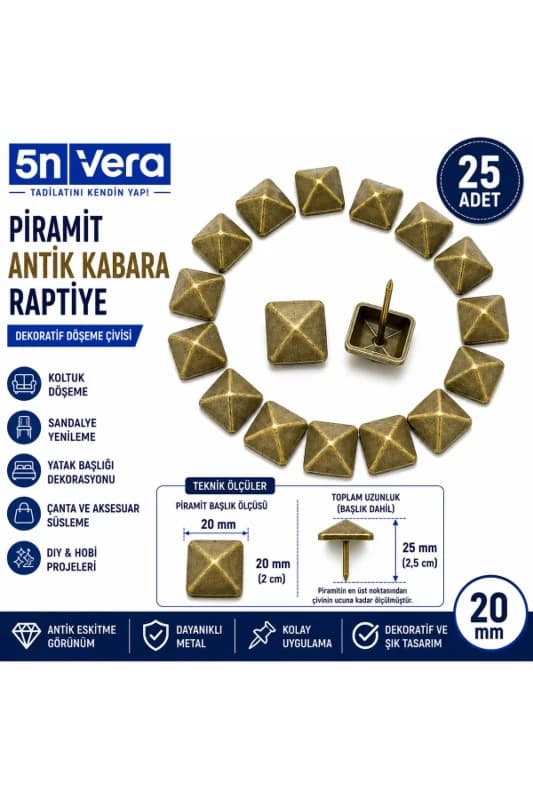 25 Adet 20 mm Sarı Piramit Kabara Raptiye | Dekoratif Döşeme Çivisi | Koltuk, Sandalye, Yatak Başlığı ve Mobilya Süsleme Aksesuarı