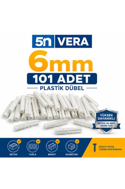 5N VERA 6 mm Plastik Dübel 101 Adet | Beton Dübel, Tuğla Dübel, Gazbeton Dübel | Duvar Montaj Dübeli Beyaz