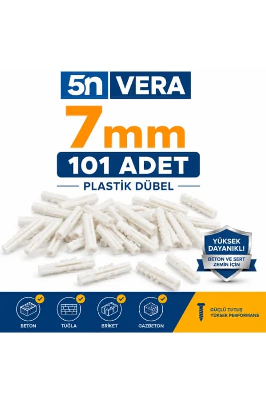5N VERA 7 mm Plastik Dübel 101 Adet | Beton Dübel, Tuğla Dübel, Gazbeton Dübel | Duvar Montaj Dübeli Beyaz