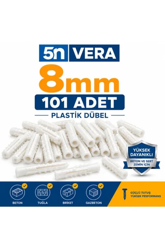 5N VERA 8 mm Plastik Dübel 101 Adet | Beton Dübel, Tuğla Dübel, Gazbeton Dübel | Duvar Montaj Dübeli Beyaz