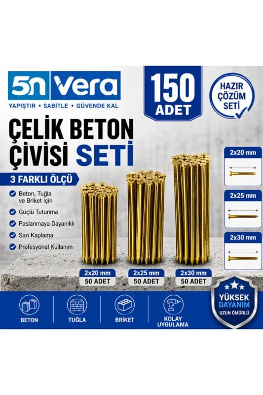 5N VERA Çelik Beton Çivisi Seti 150 Adet | 2x20 mm, 2x25 mm, 2x30 mm | 3 Farklı Ölçü | Beton, Tuğla ve Briket İçin