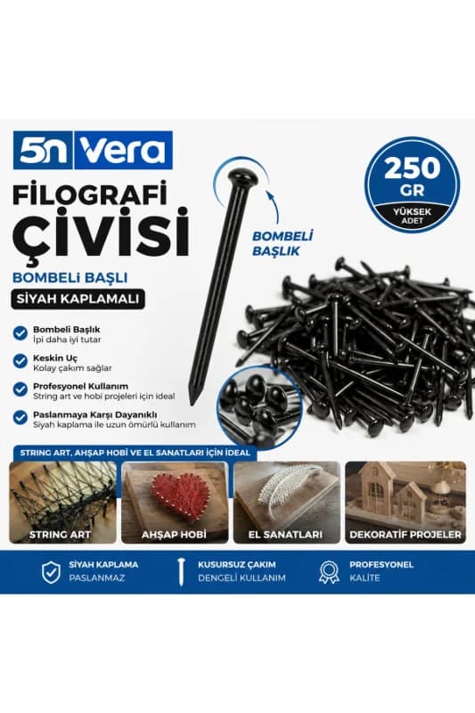 Bombeli Başlıklı Filografi Çivisi 250 Gram | Siyah Kaplamalı String Art ve Ahşap El Sanatları İçin Hobi Çivisi