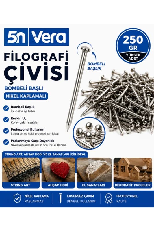 Bombeli Başlıklı Filografi Çivisi 250 Gram | Nikel Kaplamalı String Art ve Ahşap El Sanatları İçin Hobi Çivisi