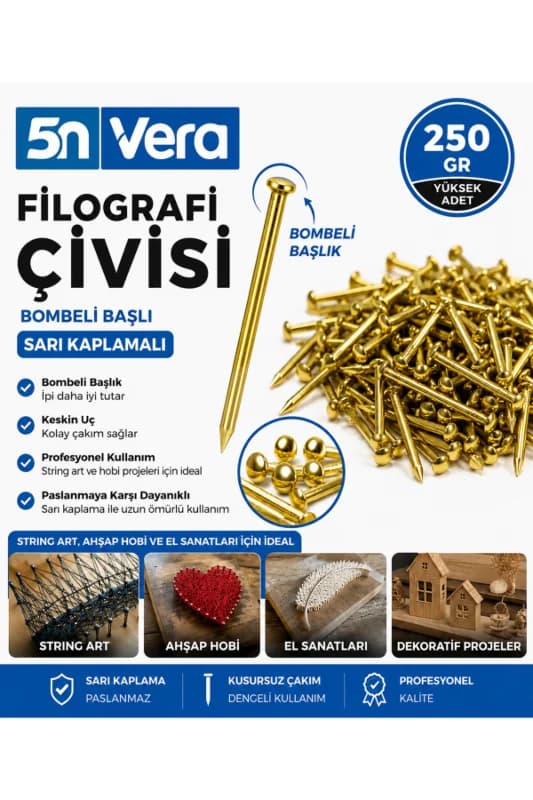 Bombeli Başlıklı Filografi Çivisi 250 Gram | Sarı Kaplamalı String Art ve Ahşap El Sanatları İçin Hobi Çivisi