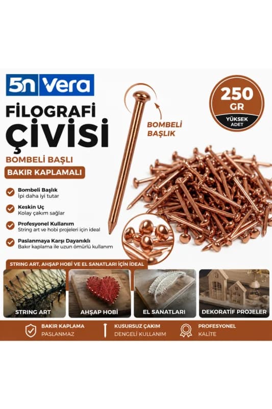 5N VERA Bombeli Başlıklı Filografi Çivisi 250 Gram | Bakır Kaplamalı String Art ve Ahşap El Sanatları İçin Hobi Çivisi