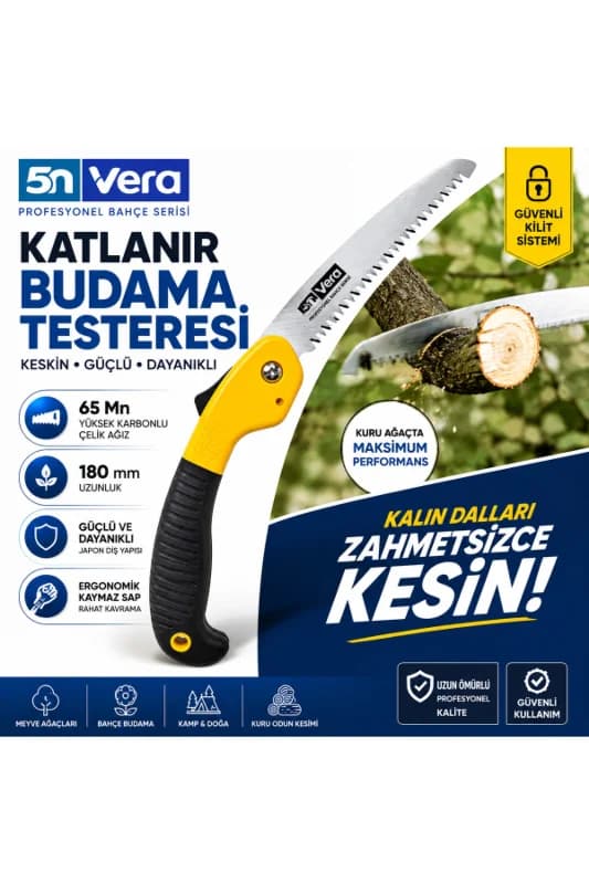 5N VERA Katlanır Budama Testeresi 180 mm | Japon Diş Yapılı Bahçe El Testeresi | Ağaç, Dal, Odun ve Kamp İçin Profesyonel Katlanabilir Testere