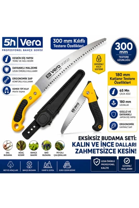 5N VERA Profesyonel Budama Testere Seti | 180 mm Katlanır + 300 mm Kemer Tipi Kılıflı Bahçe El Testeresi