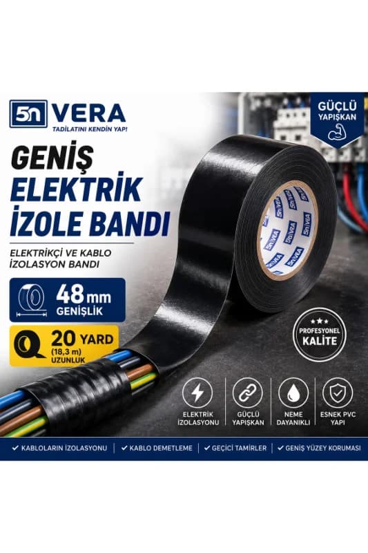 5N VERA Geniş Elektrik İzole Bandı 48 mm x 20 Yard (18,3 Metre) | Güçlü Yapışkanlı Siyah PVC Elektrikçi ve Kablo İzolasyon Bandı