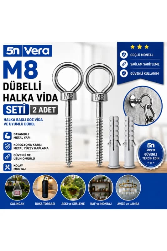 5N VERA M8 Dübelli Halka Vida Seti 2 Adet – Güçlü Askı ve Sabitleme Çözümü