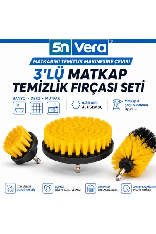 5N VERA Matkabını Temizlik Makinesine Çevir 3’lü Fırça Seti | Derz, Fayans, Banyo ve Mutfak Temizliği