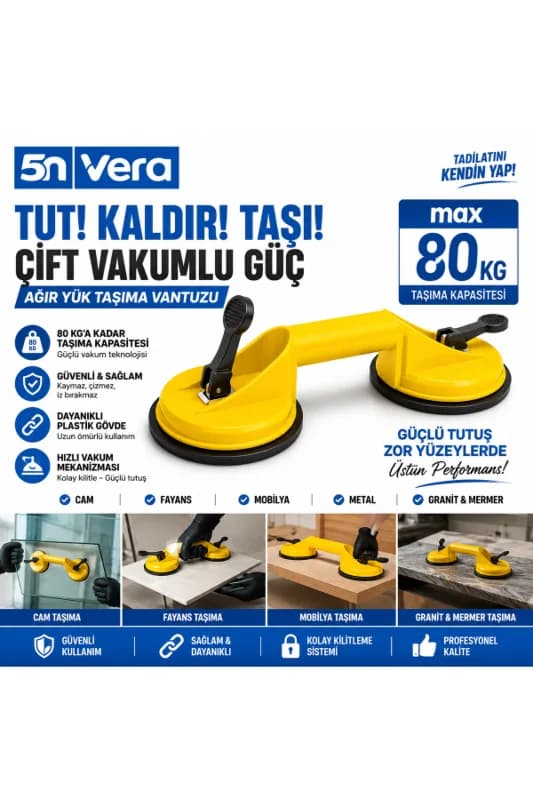 5N VERA 80 KG Çift Vakumlu Cam Taşıma Vantuzu | Fayans, Mermer ve Granit Kaldırma Aparatı