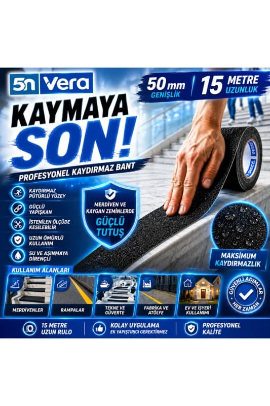 5N VERA Kaydırmaz Bant 50 mm x 15 Metre | Siyah Kendinden Yapışkanlı Merdiven Kayma Önleyici Güvenlik Bandı
