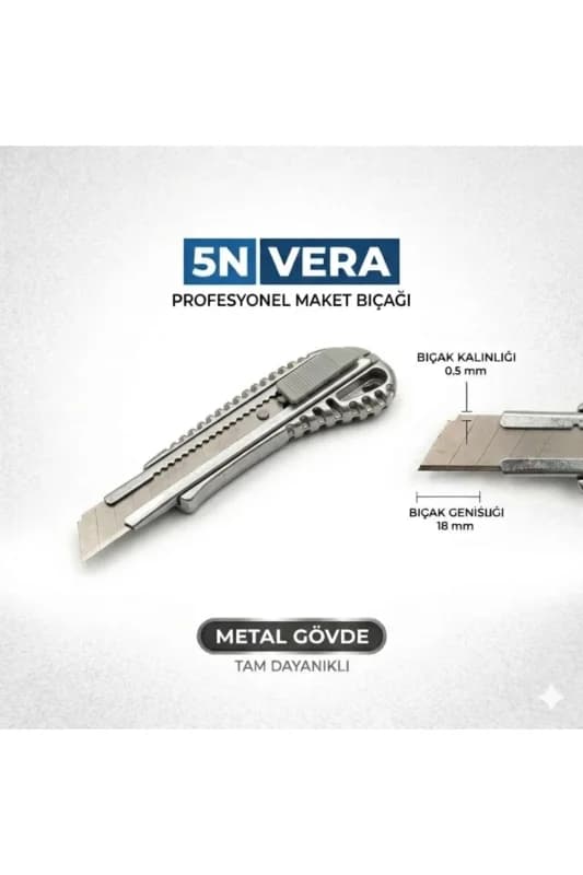 Metal Gövde Maket Bıçağı 18 mm -Metalik Gri / Gümüş- 0.5 mm Keskin Bıçak Uçlu Falçata
