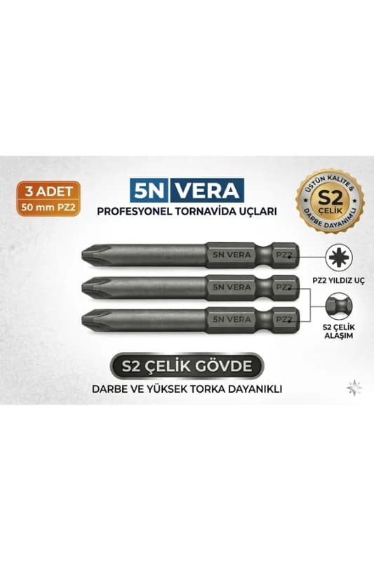 PZ2 50 mm Bits Uç - S2 Çelik Darbeli Vidalama Uyumlu - Yüksek Torklu Manyetik Uç (3Adet)
