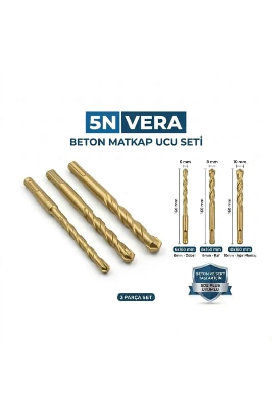 SDS Plus Matkap Ucu Seti 3 Parça (6x160- 8x160- 10x160 mm) Beton Delme Ucu Seti -Kırıcı Delici Uygun
