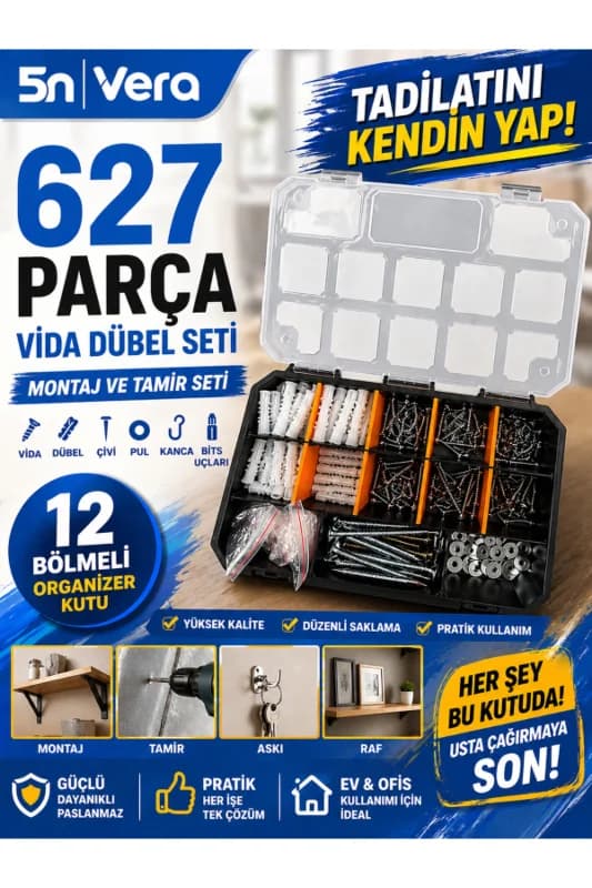 627 Parça Vida Dübel Seti – Organizer Kutu Montaj ve Tamir Seti Çivi Pul Kanca