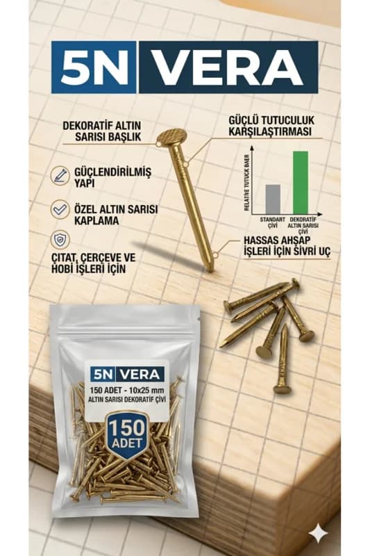 10x25 mm Dekoratif Altın Sarısı Çivi - Mobilya, Ahşap Tamir ve Hobi Çivisi (150 Adet)