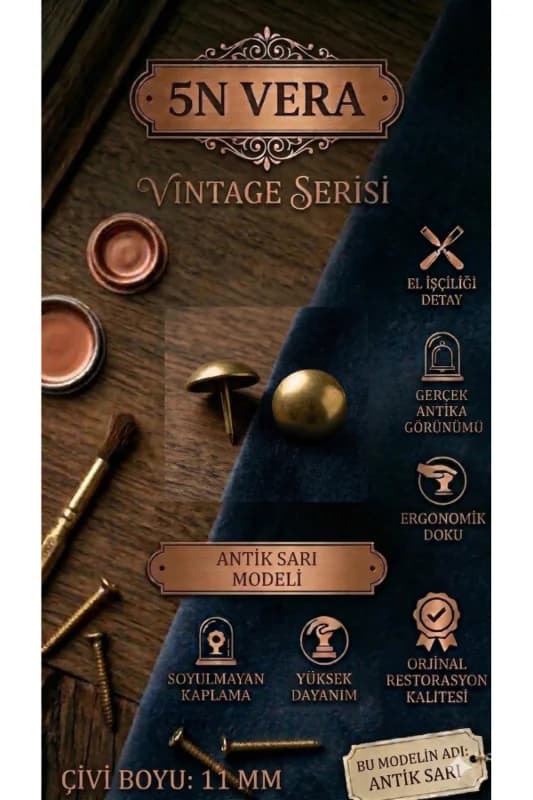 Vintage Antik Sarı Tekli Kabara Raptiye – Hobi, Kendin Yap ve Ahşap Dekor Çivisi (200 Adet)