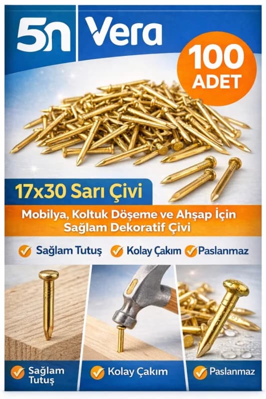 17x30 Sarı Çivi 100 Adet – Mobilya, Koltuk Döşeme ve Ahşap İçin Sağlam Dekoratif Çivi