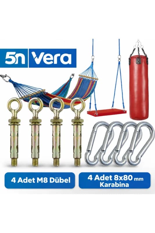 M8 Çelik Dübel + 8mm Karabina Seti | Tavan Askı Aparatı Salıncak Hamak Kum Torbası Kanca