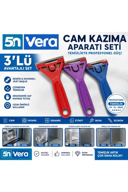 3’lü Cam Kazıma Aparatı | Etiket, Boya, Silikon Temizleme | Çizmeden Temizlik