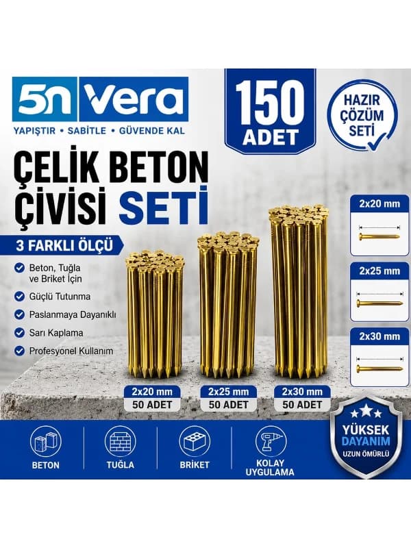 Çelik Beton Çivisi Seti 150 Adet | 2X20 Mm, 2X25 Mm, 2X30 mm | 3 Farklı Ölçü | Beton, Tuğla ve Briket Için
