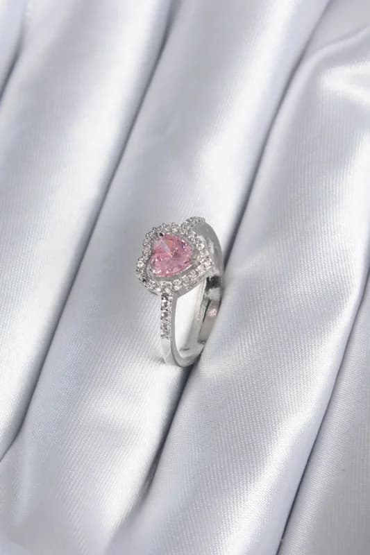 Kalp Charm Yüzük Pembe Zirkon 1 Adet Gümüş Renk