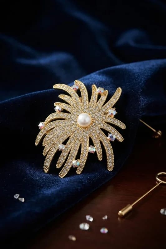 Gold Renk İnci Detaylı Zirkon Taşlı Broş