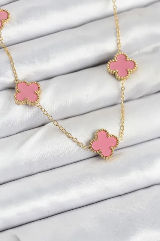 Gold Pembe Renk Yonca Kadın Kolye 45 Cm Çelik Zincir