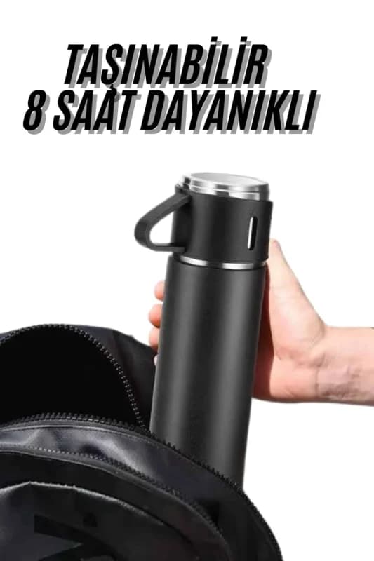 Isı Dayanıklı Termos Seti 3'lü Siyah Paslanmaz Çelik
