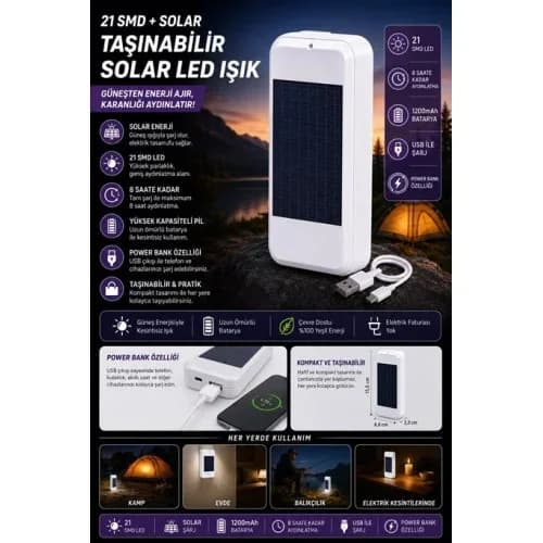 Güneş Enerjili Taşınabilir Led Power Bank 10000 Mah