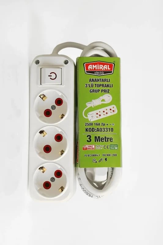 Anahtarlı 3'lü Kablolu Grup Priz 3 Metre
