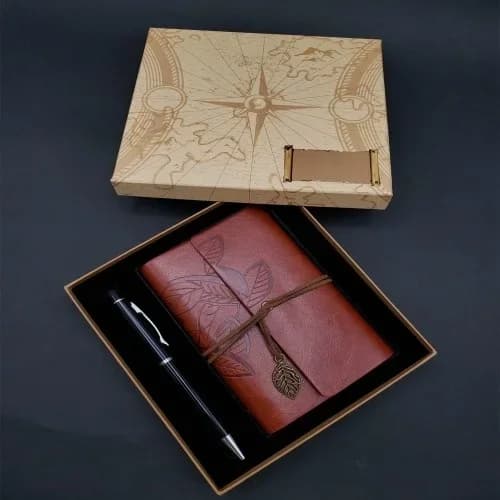 Şık Kahverengi Deri Defter Ve Siyah Touchpen Kalem Seti