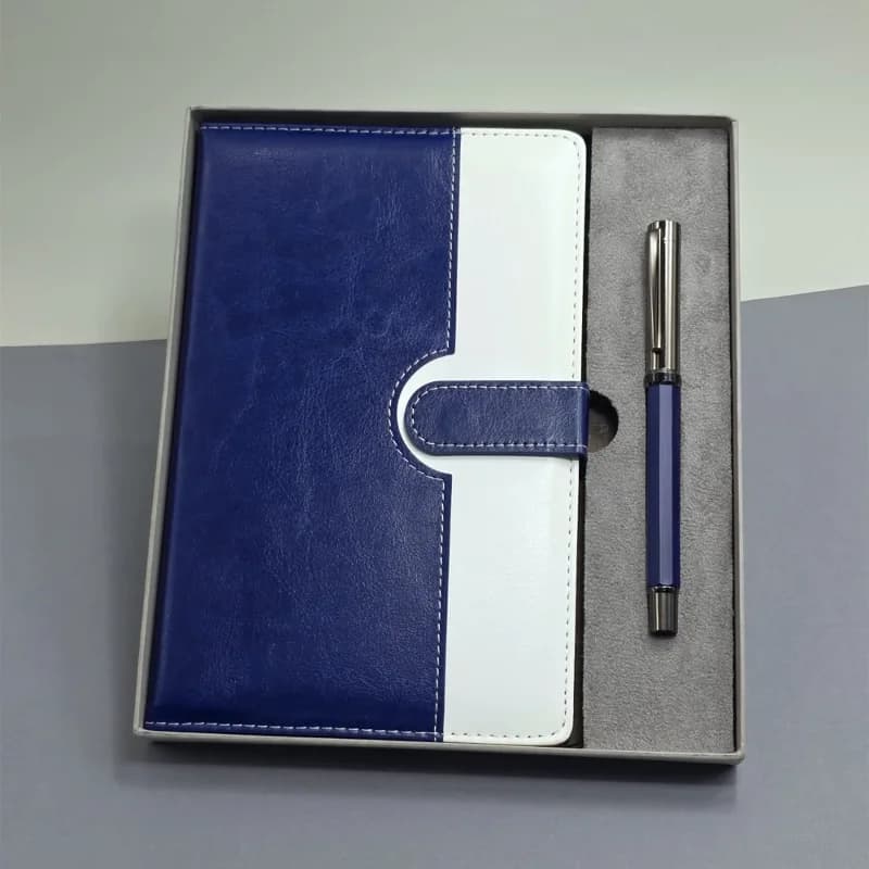 Şık Mavi Beyaz Defter Ve Metal Kalem Seti 21x15 Cm