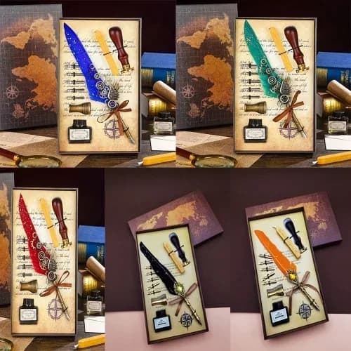 Şık Tüylü Mürekkepli Divit Kalem Seti 5'li Hediye