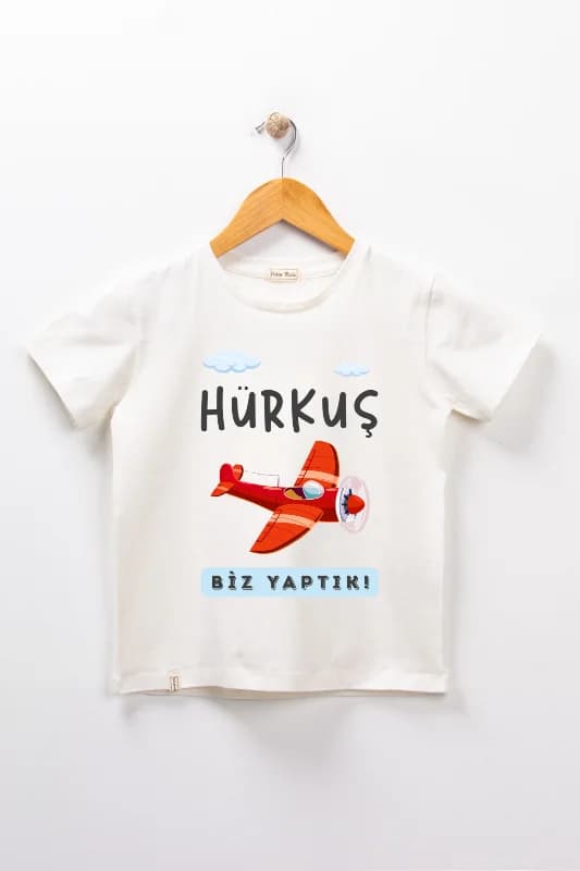Erkek Çocuk Kısa Kollu Bisiklet Yaka "Hürkuş Biz Yaptık" Baskılı Tişört Mevsimlik Pamuklu