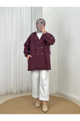 Aydan Çıtçıtlı Belden Sıkmalı Kol Ucu Lastikli Ceket-EU3225 Mürdüm