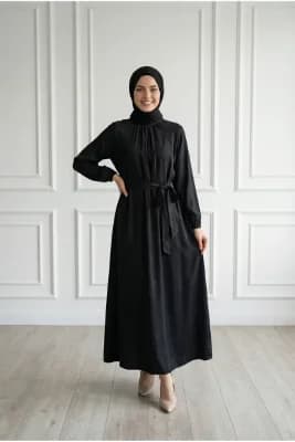 Verda Önü Büzgülü Reglan Kol İpek Elbise-MF1796 Siyah