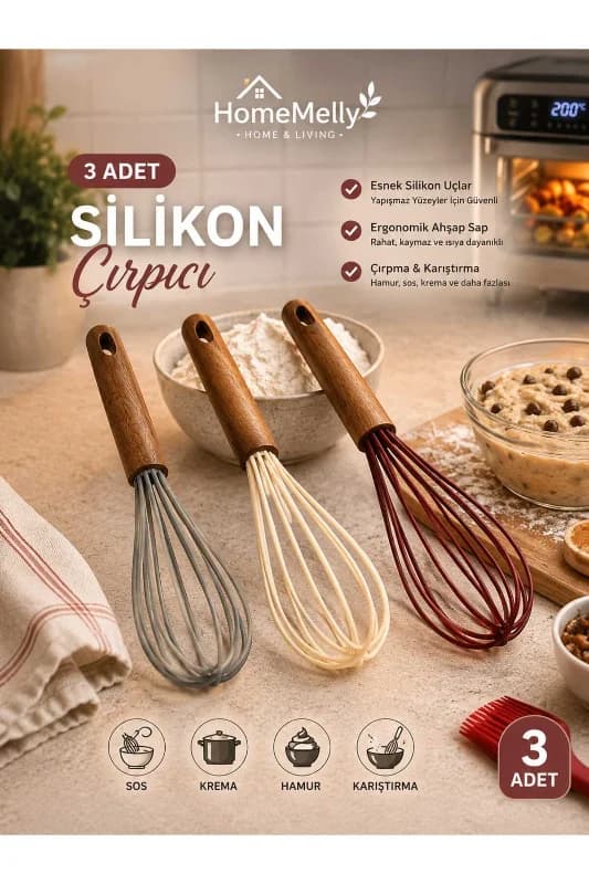 3’lü Silikon Çırpıcı Seti Ahşap Saplı Yumurta Krema Hamur Karıştırıcı Mutfak Çırpma Teli