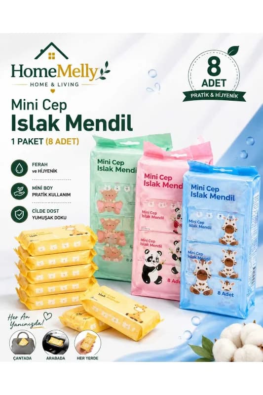 1 Paket Içinde 8’li Mini Cep Mendili | Kompakt Tek Kullanımlık Islak Mendil – Seyahatlik