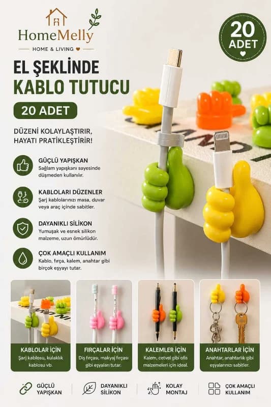 20 Adet Kendinden Yapışkanlı El Şeklide Kablo Tutucu Düzenleyici
